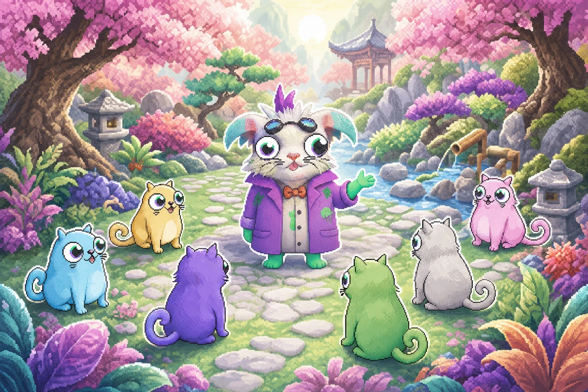 Doc Purr welcomes colourful kitties into a sunlit garden with pink blossom trees.