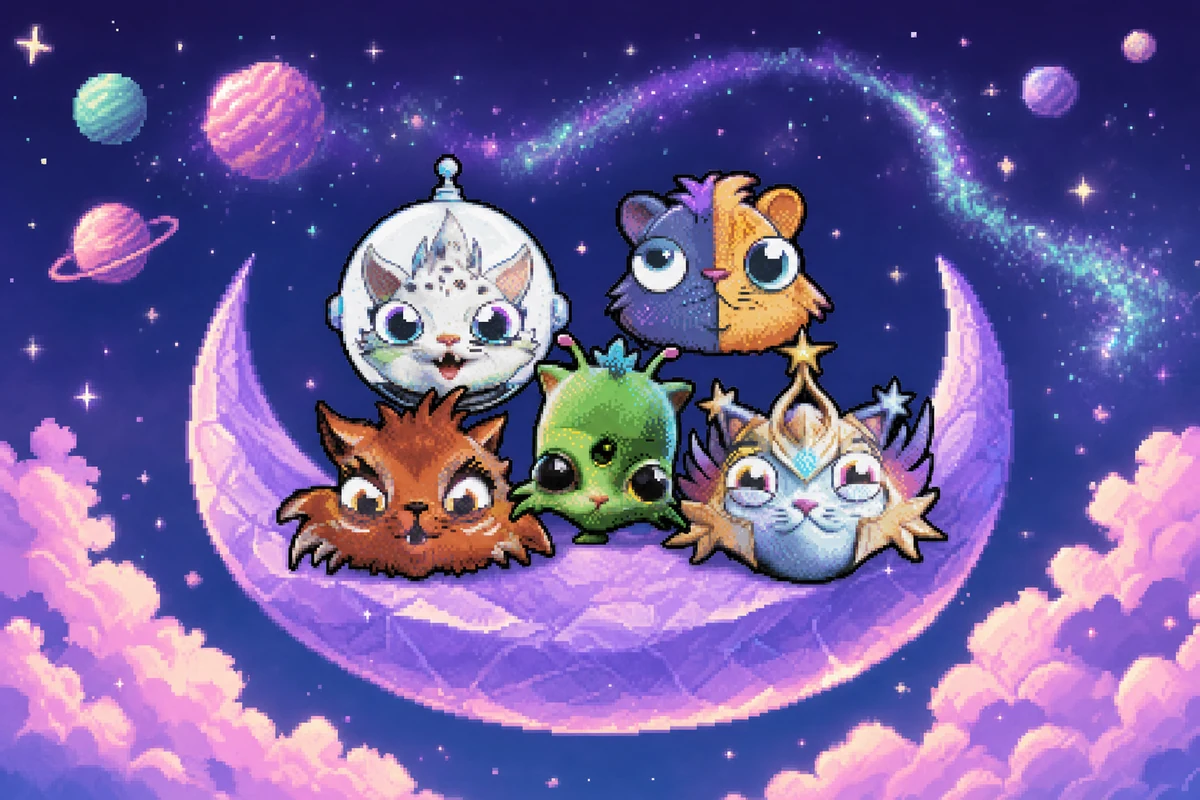 The five Cosmic kitties gather on a lavender crescent beneath a star-filled violet sky.