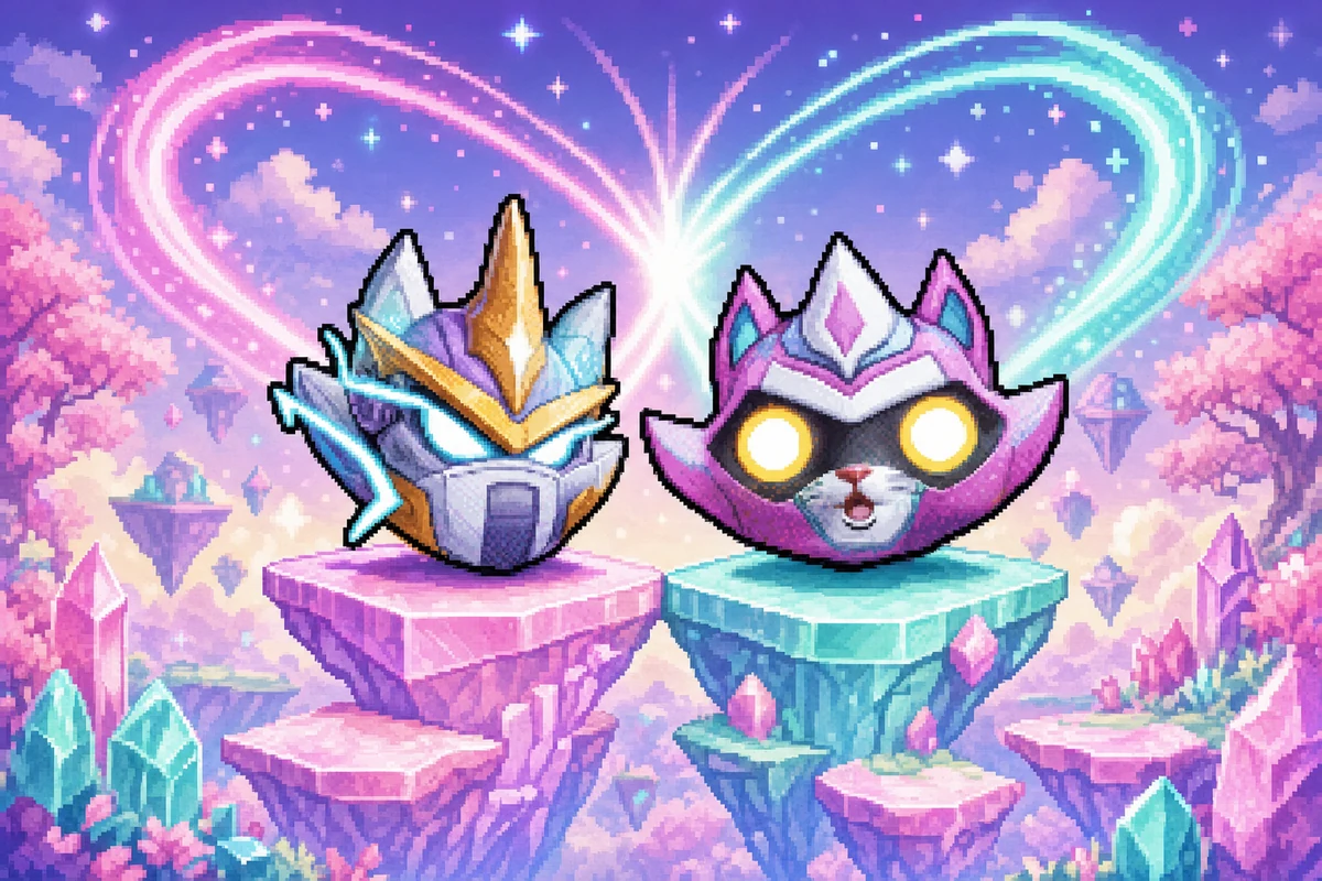 Flowtron and Megaflowtron stand on floating crystal platforms beneath pink and mint energy arcs.