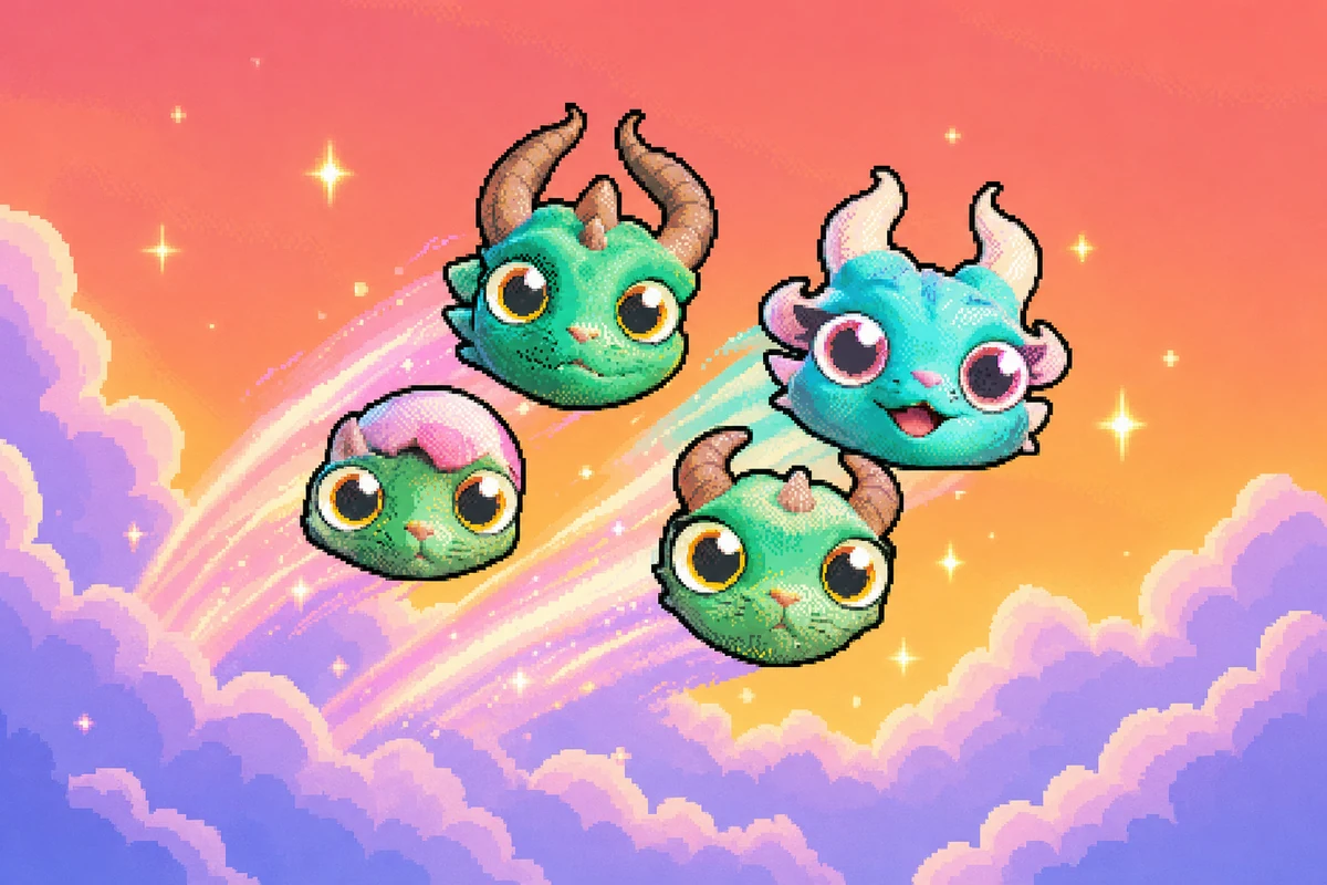 The Draco dragon-kitty family flies together above pastel clouds.