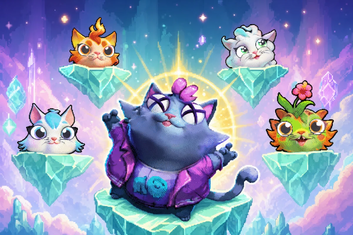 Algie glows with a golden ascension halo while Elemental kitties float on mint crystal platforms.