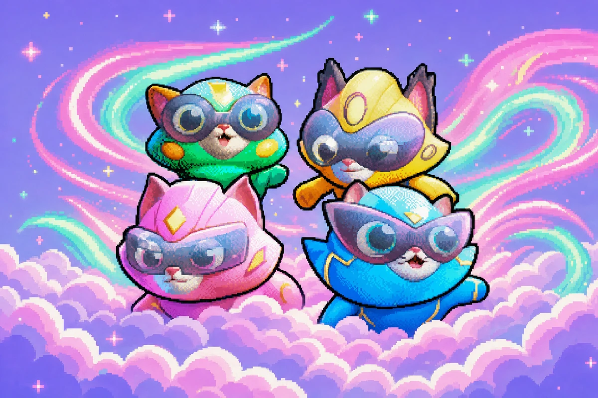 Cai, Vince, Billie and Cindi gather above lavender clouds with pink and mint energy trails.